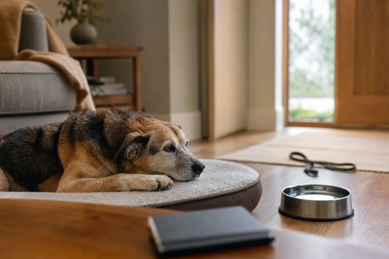 Paisiblement couché sur son panier, un vieux chien profite du salon lumineux