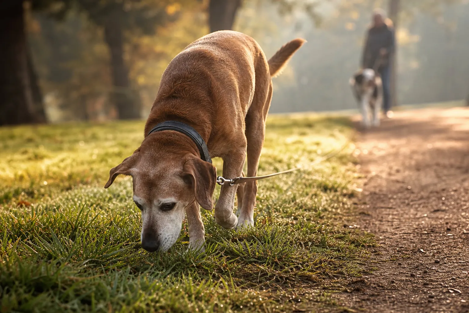 Sur le chemin du parc, un chien sénior renifle l’herbe paisiblement