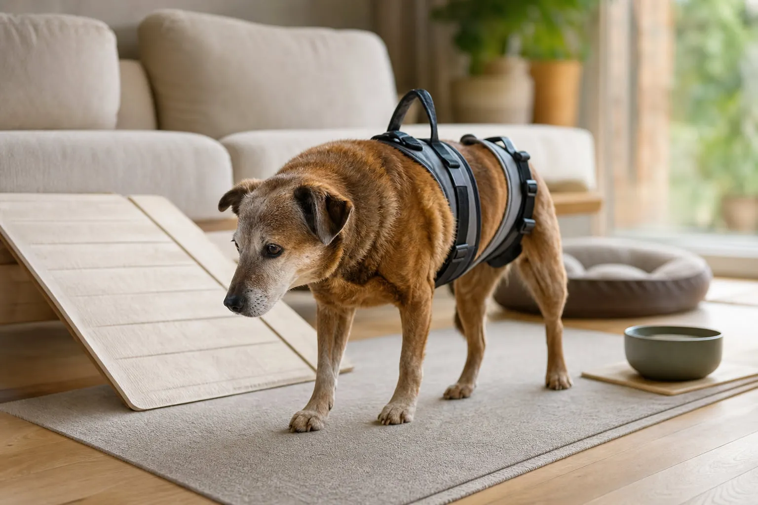 Soutenu par un harnais, un vieux chien avance sur tapis antidérapant dans le salon