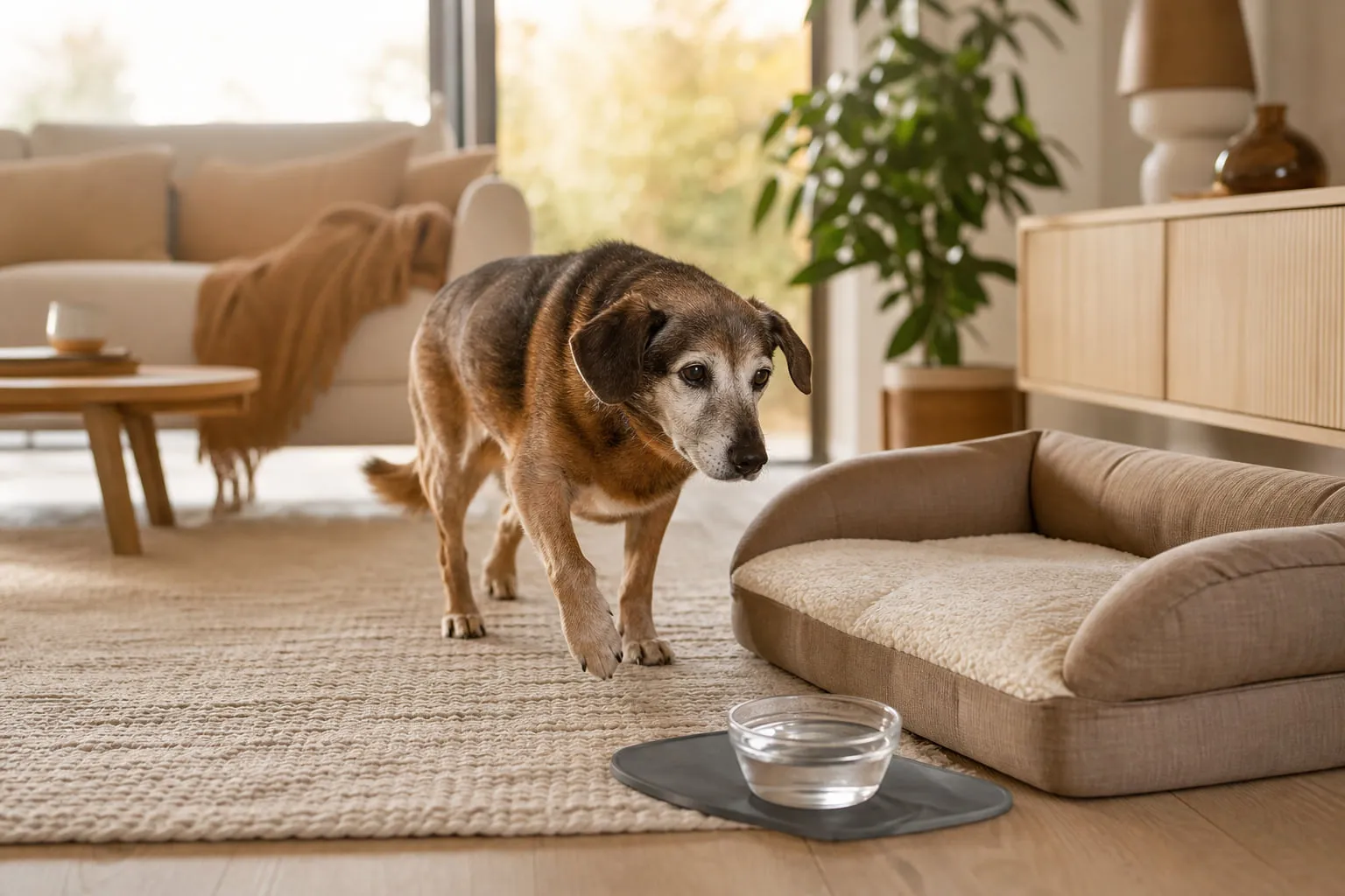 Dans un salon lumineux, un chien âgé rejoint lentement son panier orthopédique
