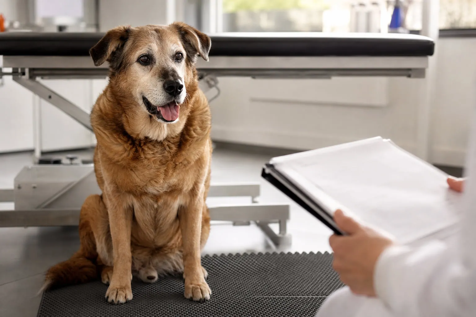 Assis sur un tapis, un chien âgé attend calmement en consultation vétérinaire