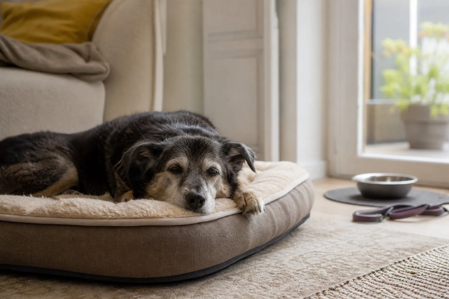 Le vieux chien dort confortablement dans son panier près de la porte