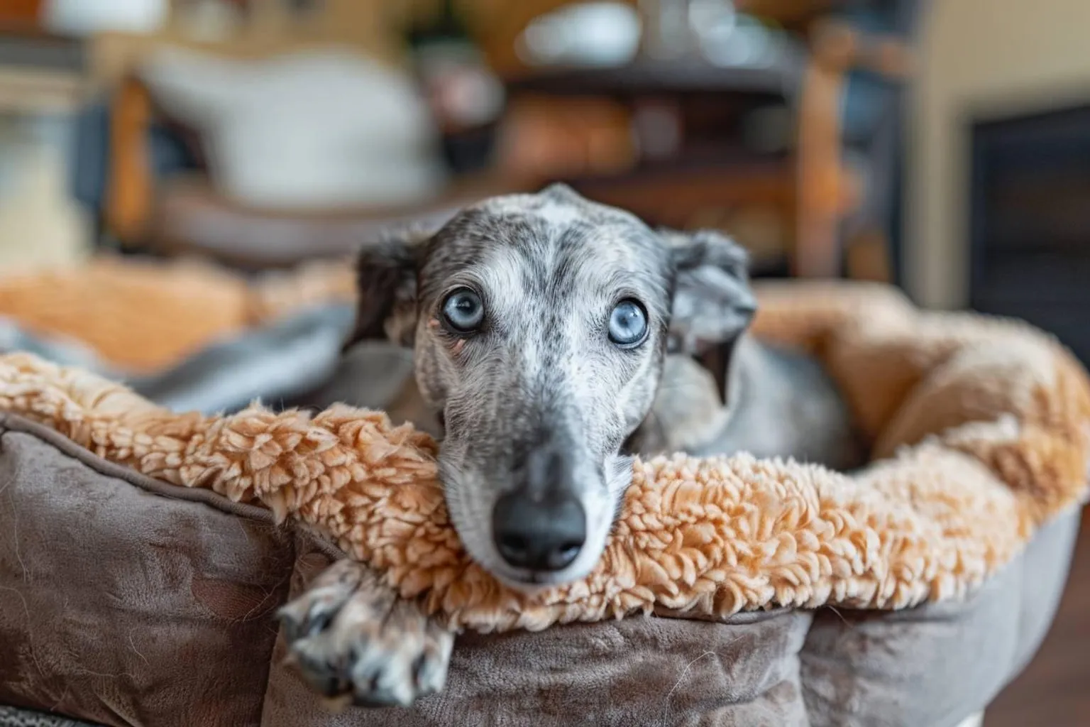 Dans un salon lumineux, un chien sénior repose sur un tapis près d’une gamelle