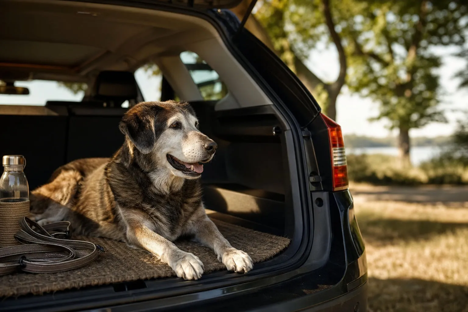 Dans le coffre ouvert, un chien sénior repose sur un tapis près d’une gourde