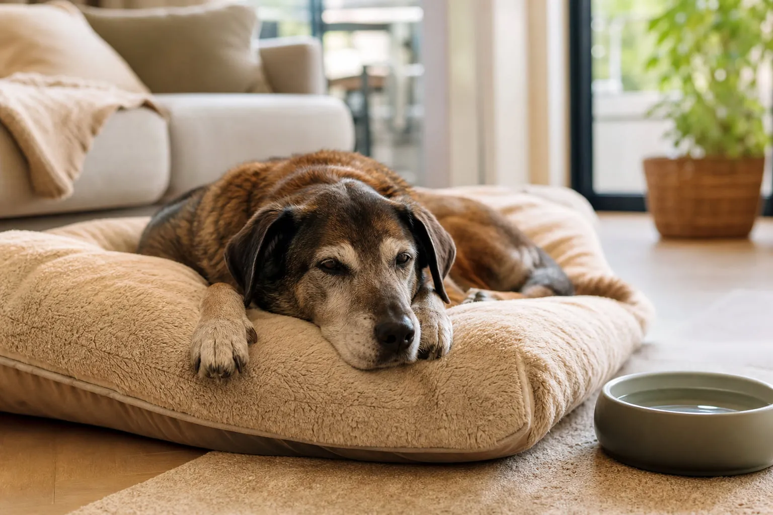 Museau grisonnant sur son couchage, un chien âgé repose dans un salon calme et lumineux