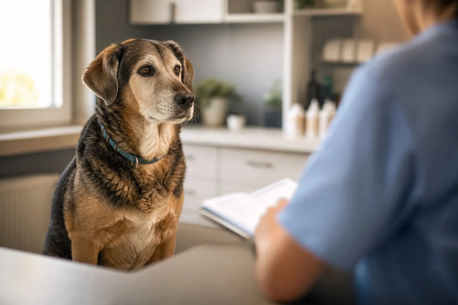 Assis en consultation, un chien âgé regarde calmement tandis qu’un carnet ouvert repose derrière lui