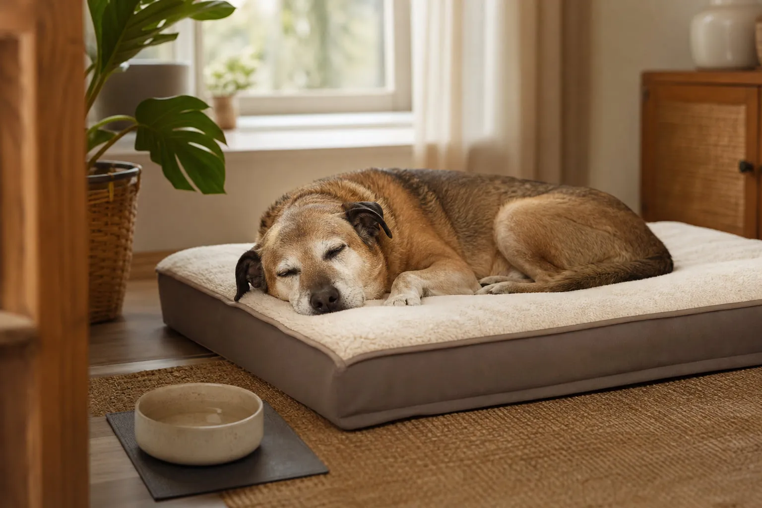 Endormi sur un matelas orthopédique, un vieux chien occupe un coin lumineux du salon
