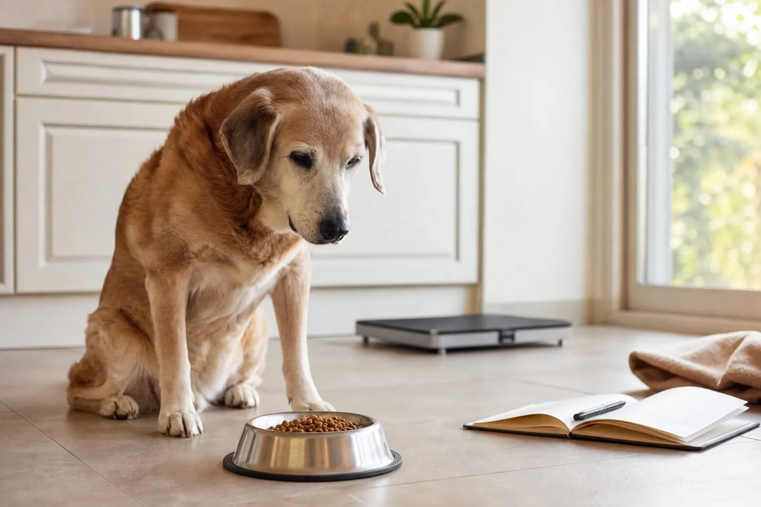 Devant ses croquettes intactes, un vieux chien assis hésite dans la cuisine lumineuse