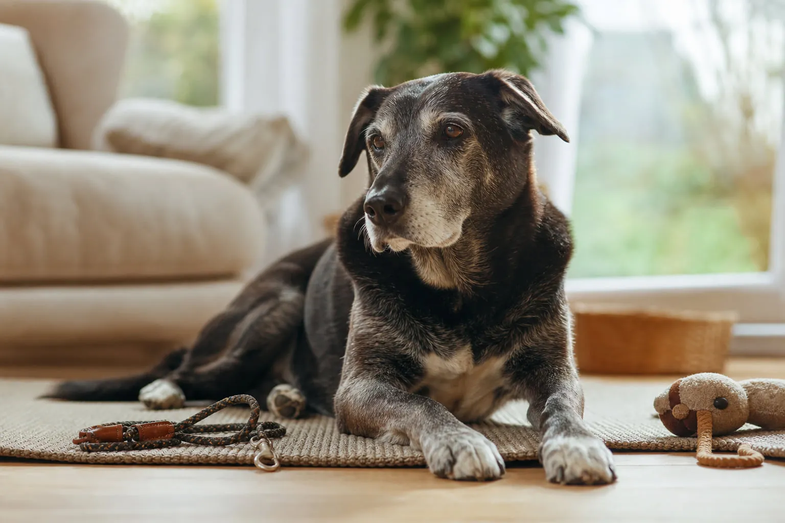 Sur un tapis antidérapant, un vieux chien observe calmement un jouet et une laisse