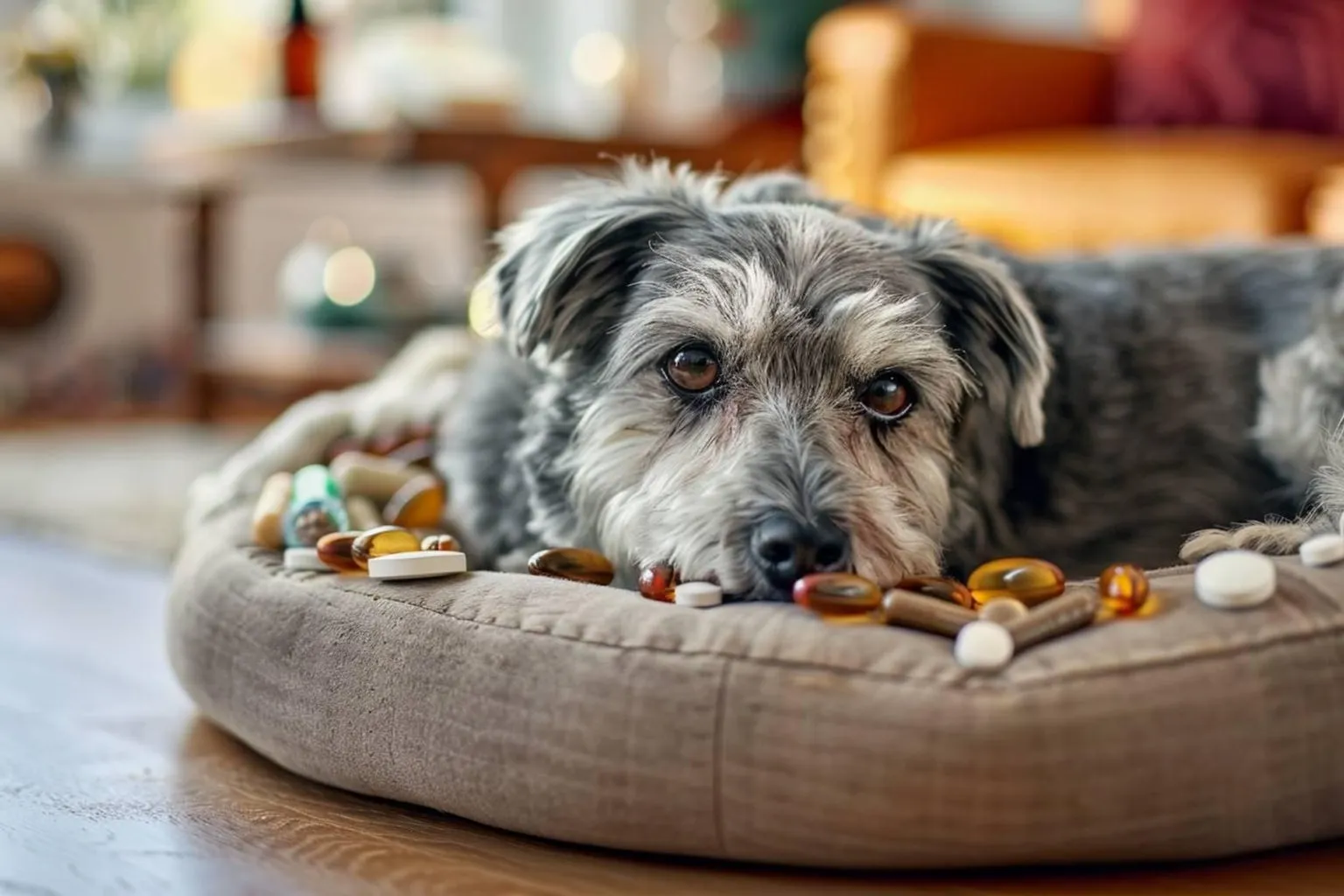 Assis dans la cuisine, un chien âgé attend près de sa gamelle et d’un flacon