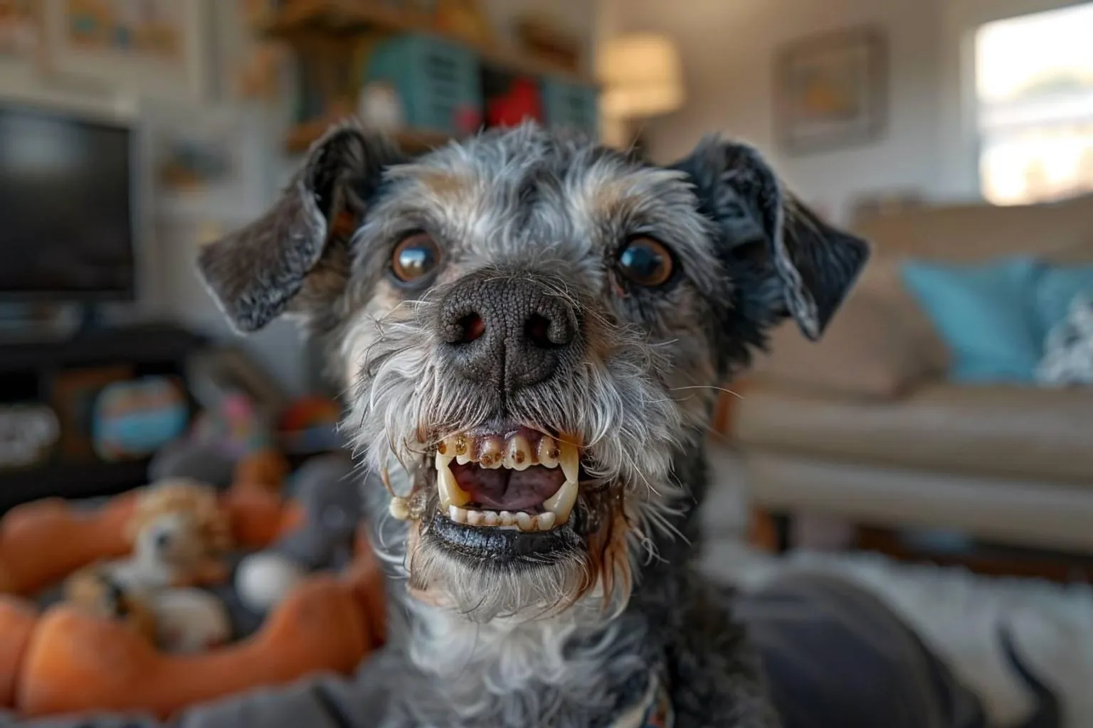 Devant sa gamelle, un petit chien sénior montre légèrement ses dents tandis qu’une brosse apparaît