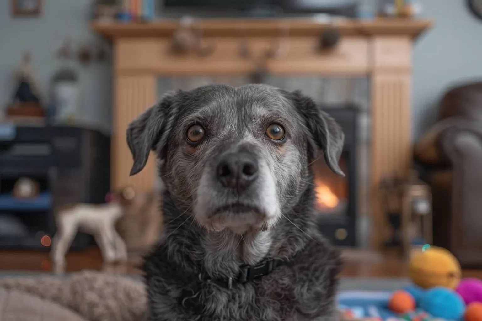 Debout face au jardin, le chien au museau grisonnant observe la porte ouverte