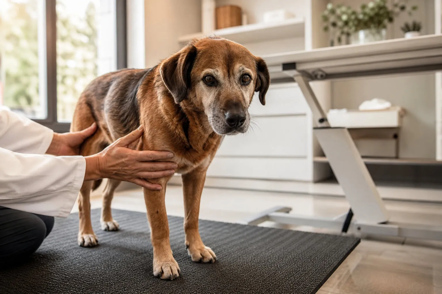 Dans le cabinet vétérinaire, un chien sénior se tient sur un tapis pendant l’examen