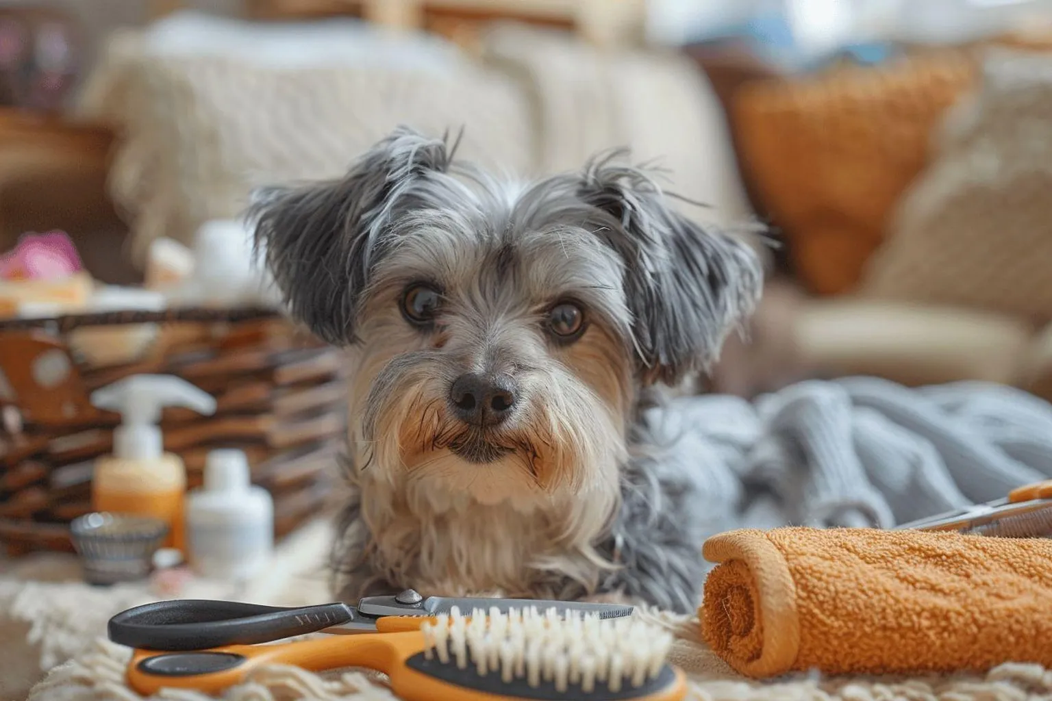 Doucement brossé sur un tapis, le chien âgé reste calme dans le salon