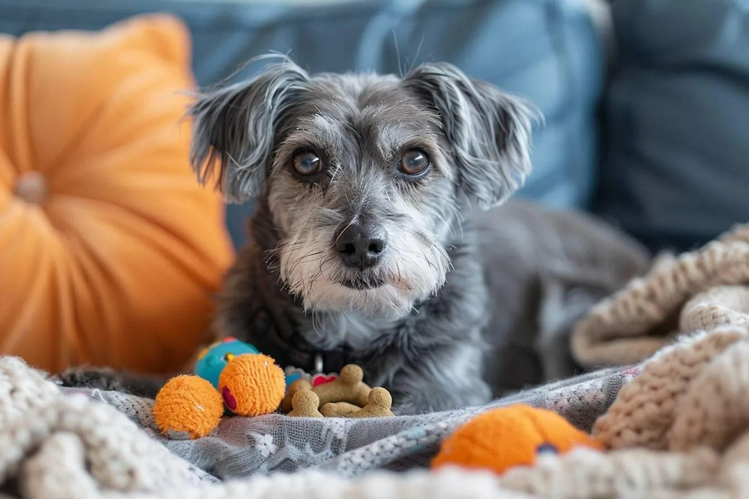 Allongé dans le calme, un vieux chien profite d’un couchage épais et d’eau