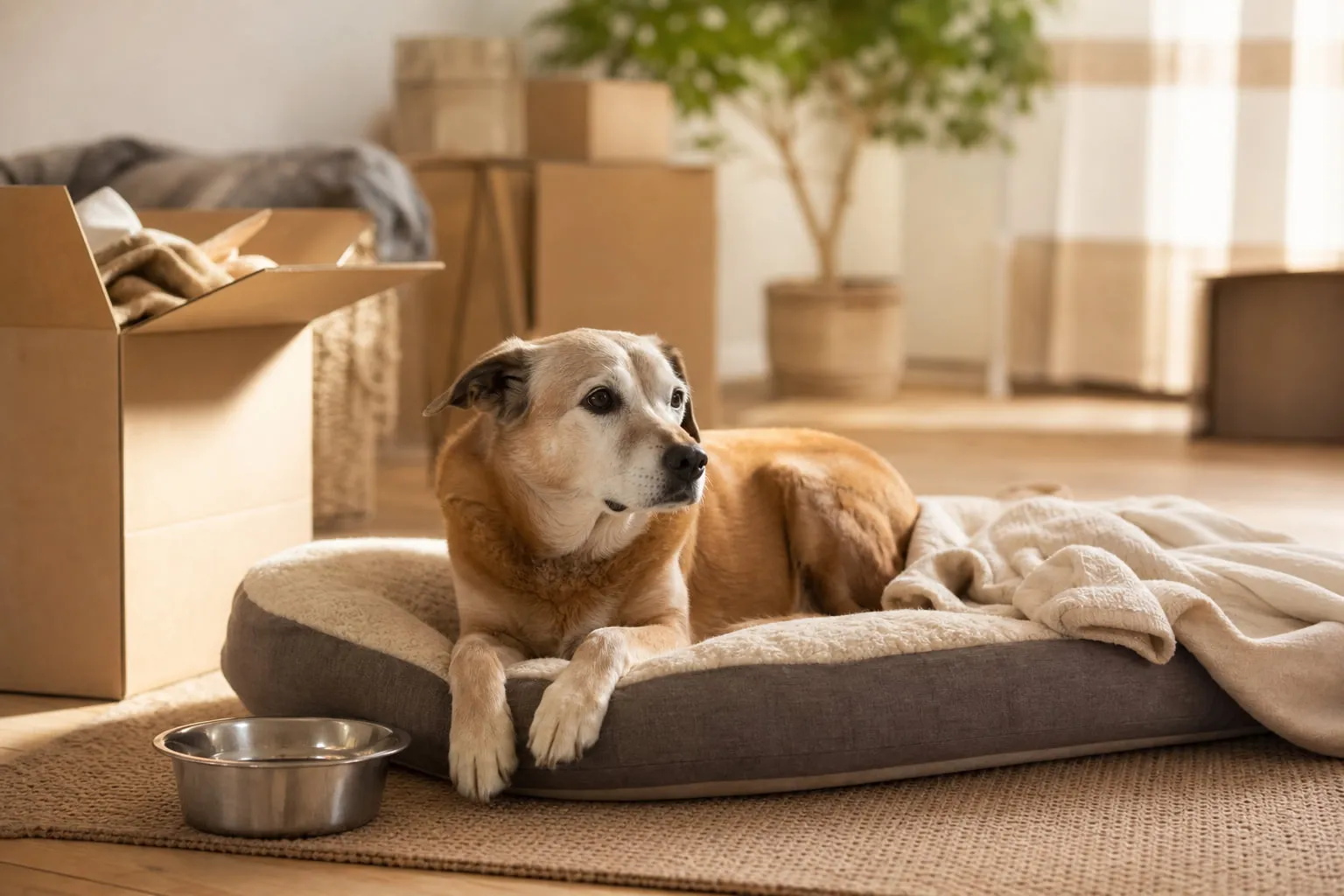 Dans une maison nouvelle, un vieux chien repose sur son panier près des cartons
