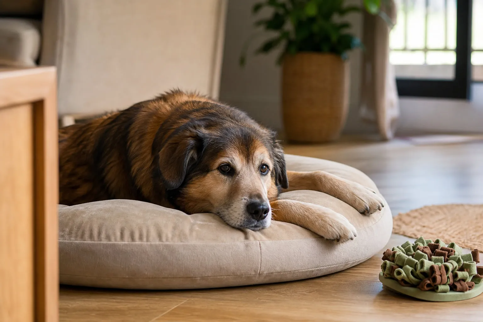 Sur un coussin orthopédique, le vieux chien dort dans un salon baigné de lumière
