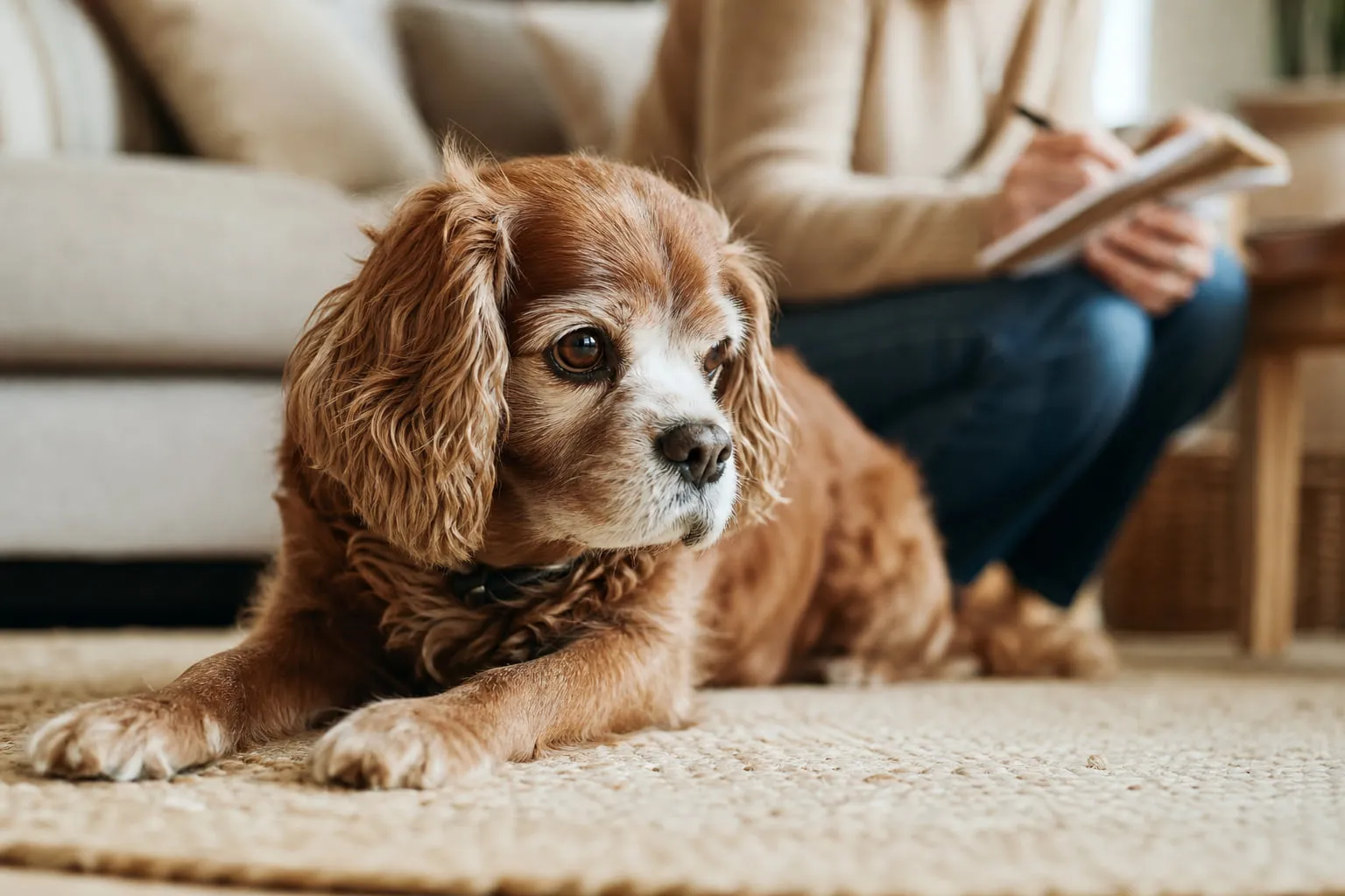 Petite silhouette au museau grisonnant, le chien repose sur un tapis du salon