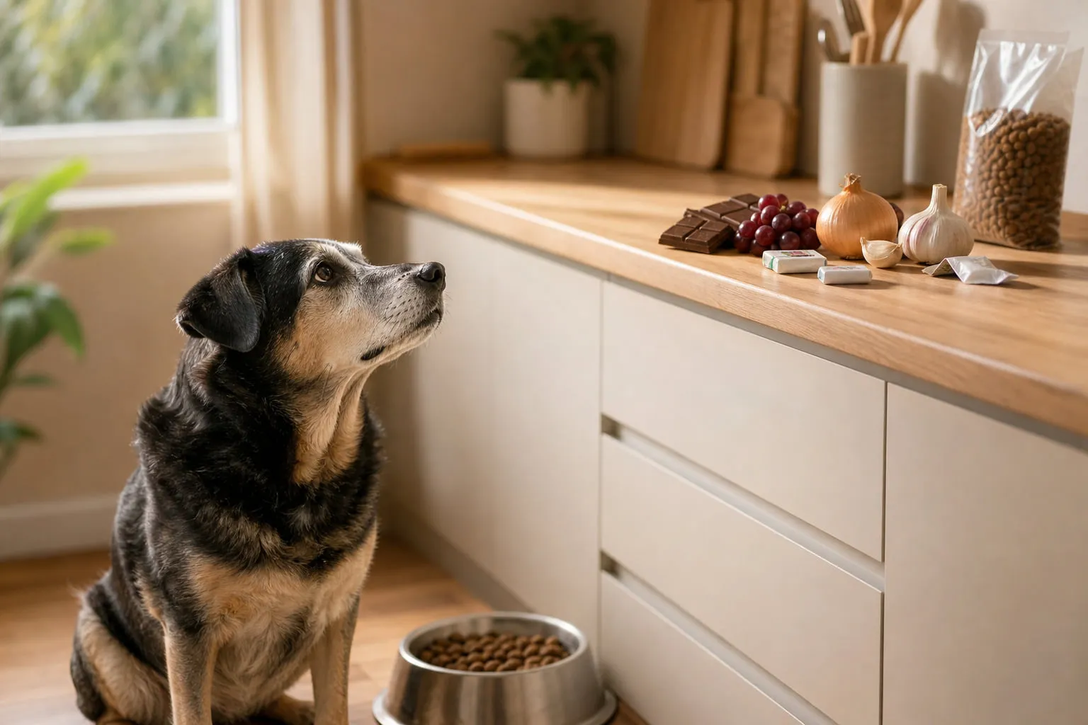 Dans une cuisine lumineuse, un chien sénior observe sa gamelle près d’aliments dangereux hors d’atteinte