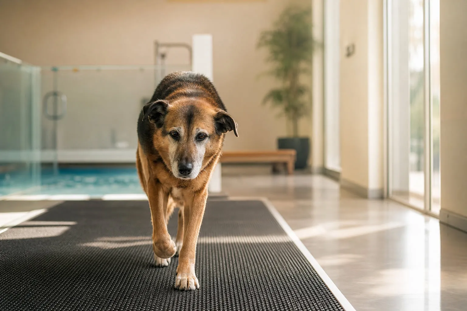 Dans une pièce de rééducation, un chien sénior marche sur un tapis