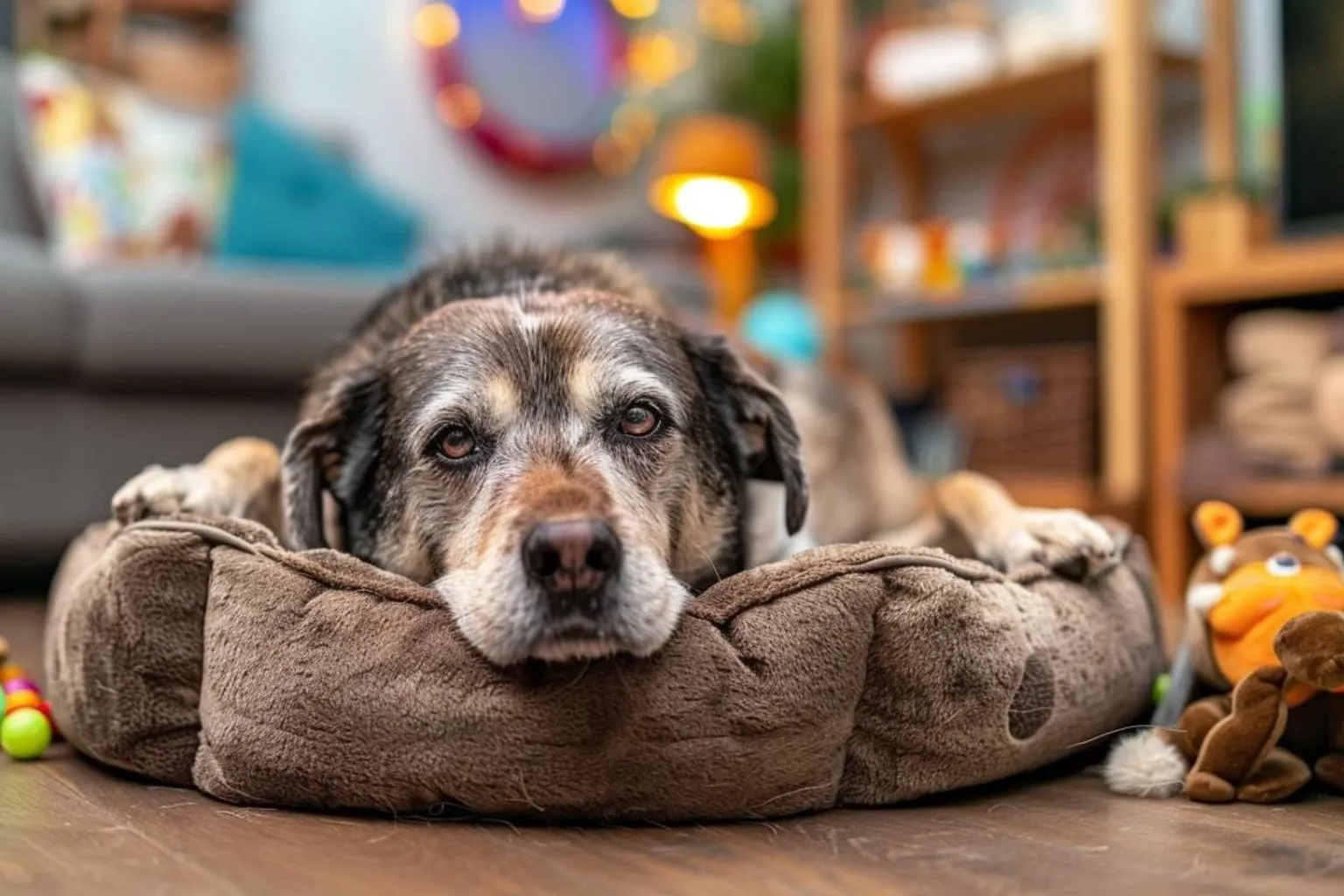 Sur un tapis antidérapant, le chien âgé se détend près du canapé lumineux